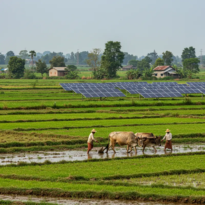 Solar panels beside rice fields