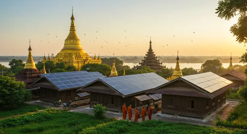Solar-powered homes beside a Myanmar pagoda at sunset