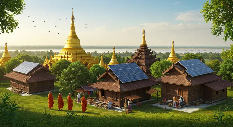 Solar panels on rooftops in a Myanmar village